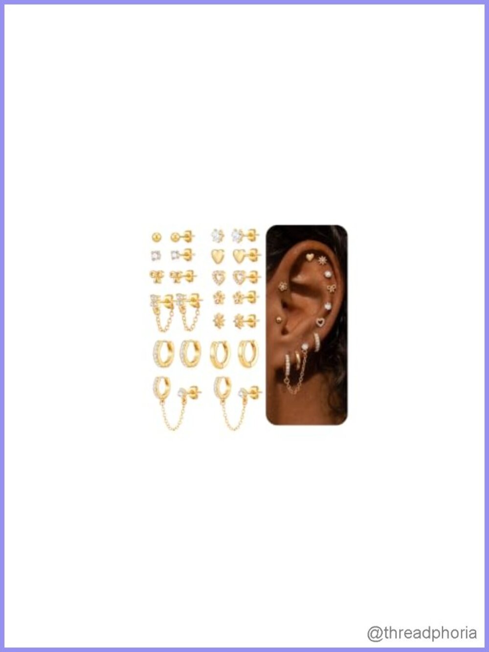 14K Gold Plated Hypoallergenic Stud Earrings Set CZ Chain Hoops Women Jewelry